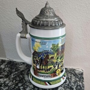Vintage BMF Bierseidel Regimental Beer Stein: West Germany Milk Glass Pewter Lid